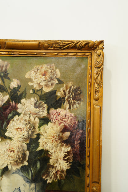 Antique European Peony Oil Painting, Circa 1900