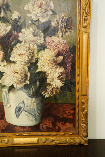 Antique European Peony Oil Painting, Circa 1900