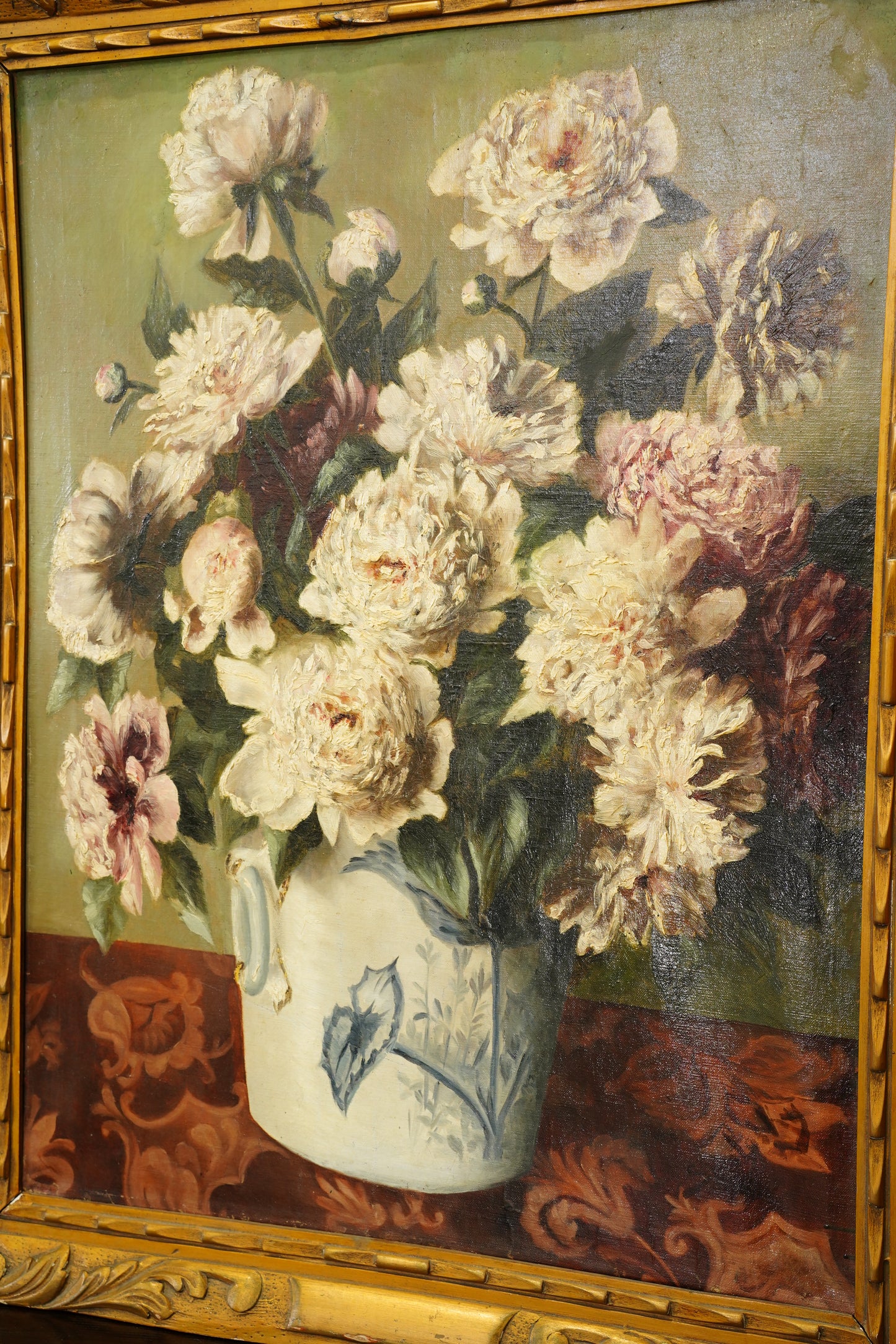 Antique European Peony Oil Painting, Circa 1900