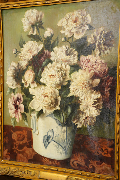 Antique European Peony Oil Painting, Circa 1900
