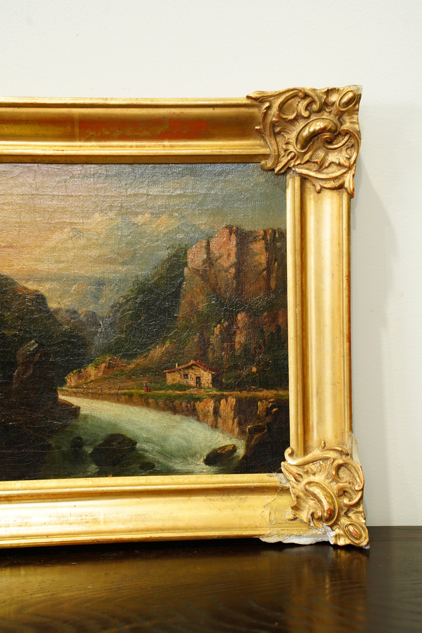 Antique European Oil Painting Mountain Gorge Landscape, Circa 1870