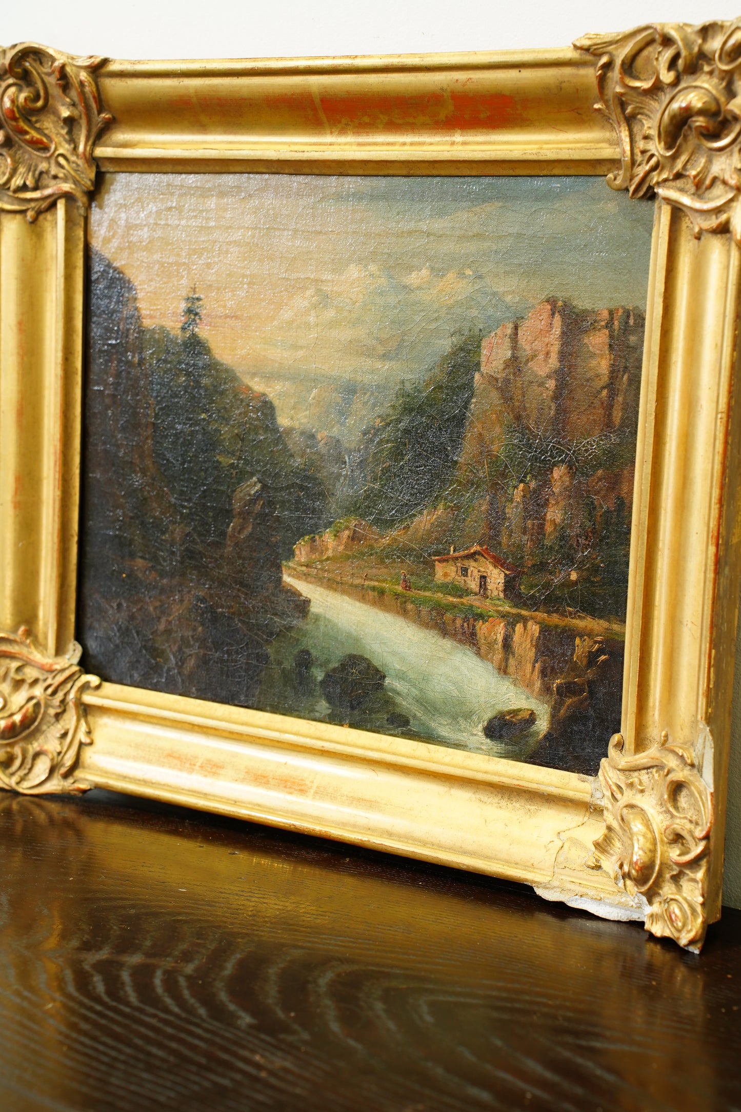 Antique European Oil Painting Mountain Gorge Landscape, Circa 1870