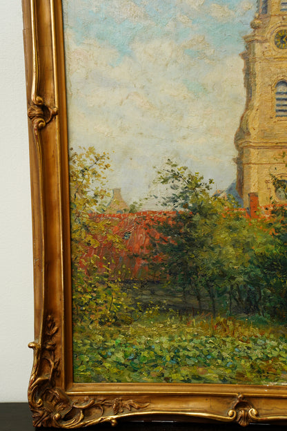 Antique Belgian Church Oil Painting, Signed A. Barth