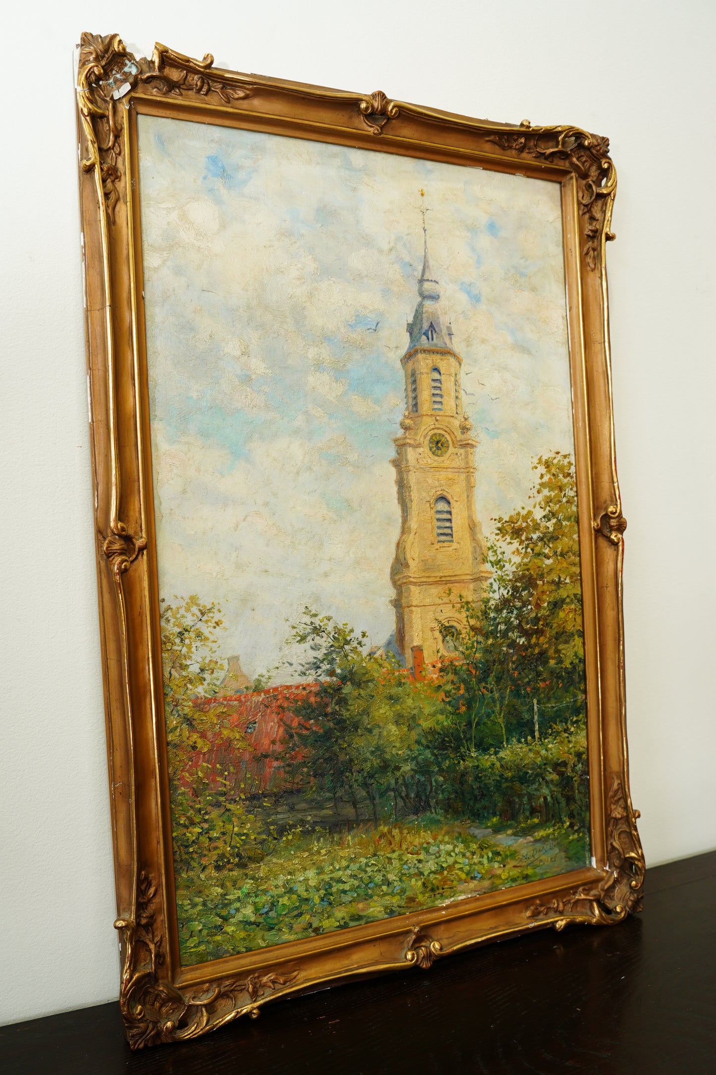 Antique Belgian Church Oil Painting, Signed A. Barth