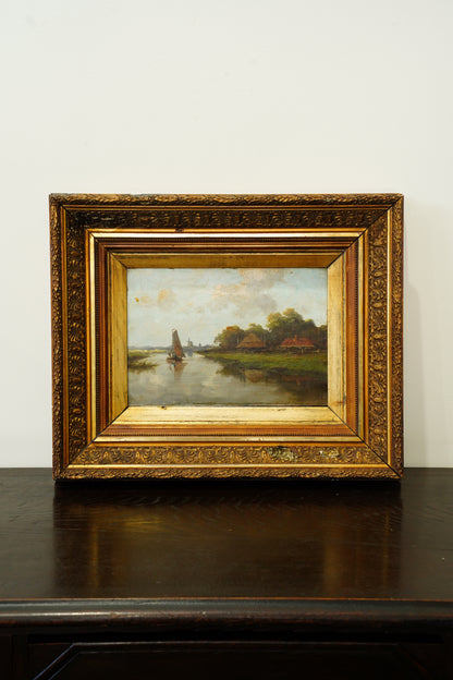 Antique Signed Dutch River Landscape Oil Painting, Circa 1890
