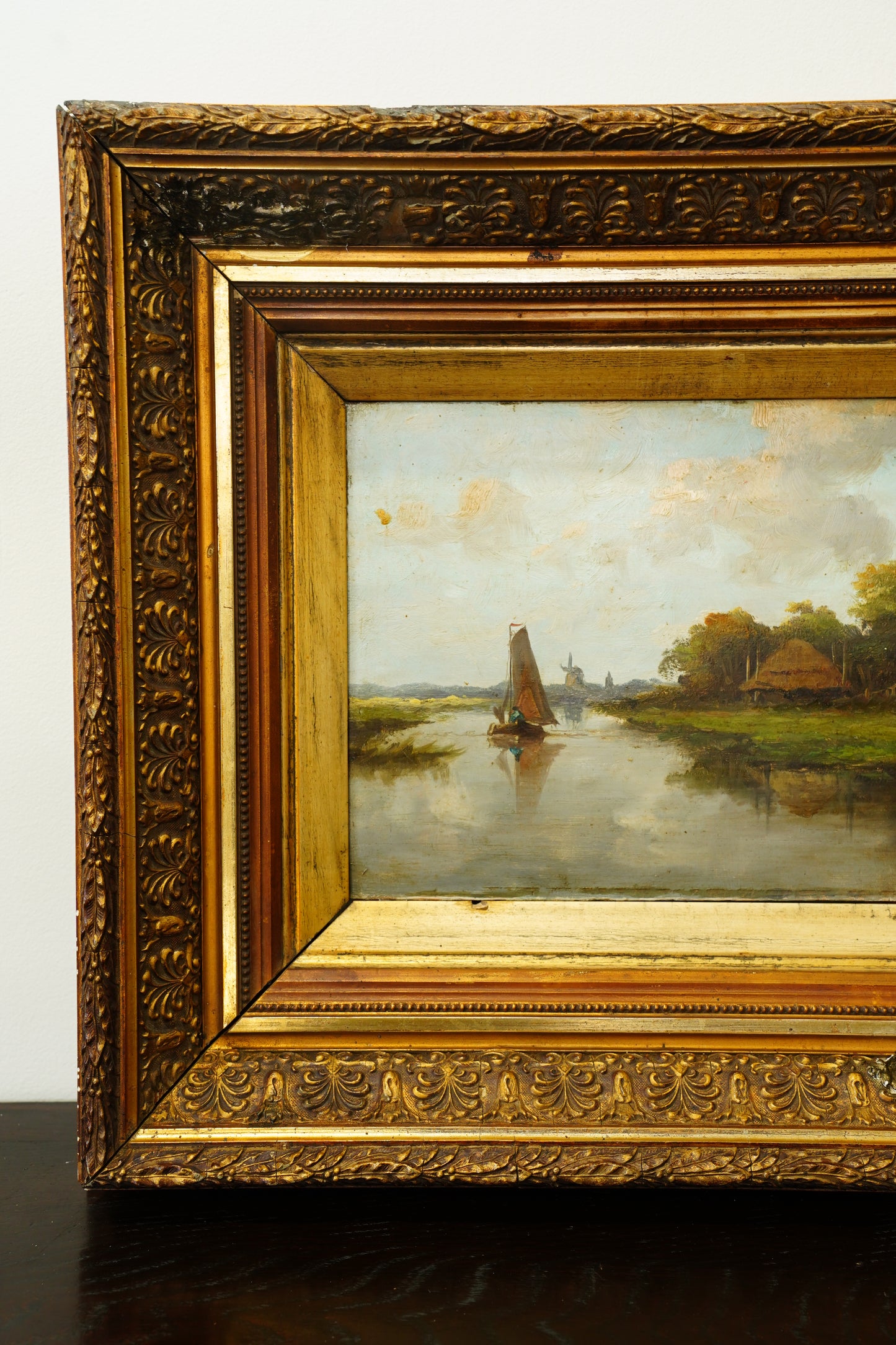 Antique Signed Dutch River Landscape Oil Painting, Circa 1890