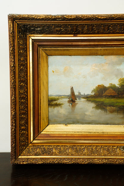 Antique Signed Dutch River Landscape Oil Painting, Circa 1890