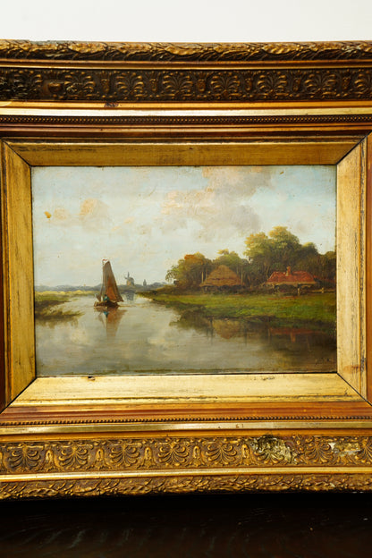 Antique Signed Dutch River Landscape Oil Painting, Circa 1890