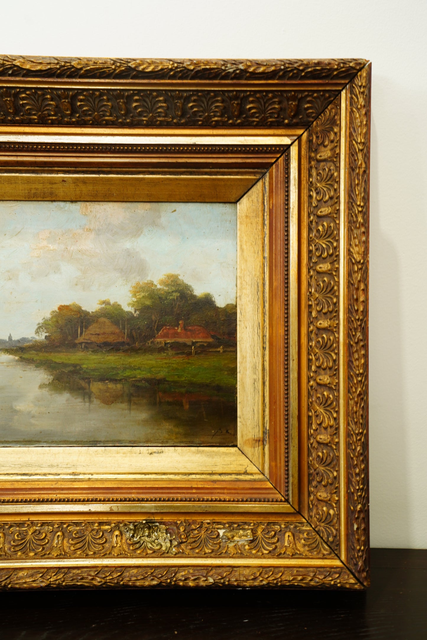 Antique Signed Dutch River Landscape Oil Painting, Circa 1890