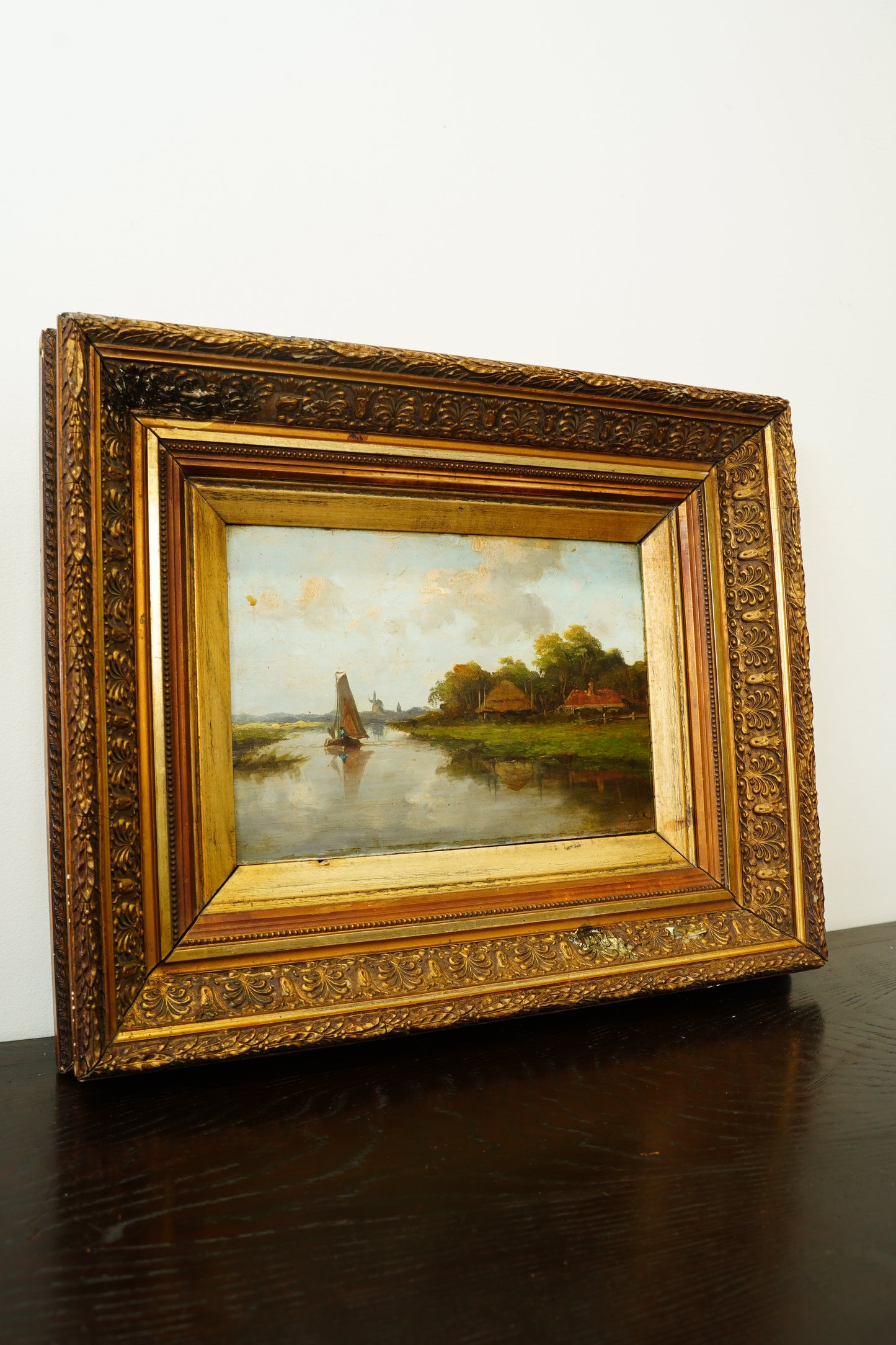 Antique Signed Dutch River Landscape Oil Painting, Circa 1890
