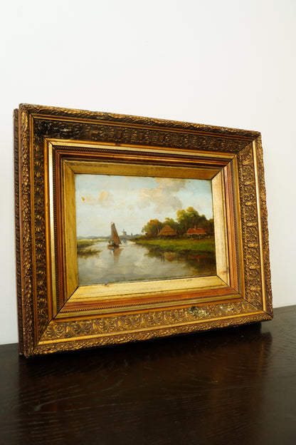 Antique Signed Dutch River Landscape Oil Painting, Circa 1890