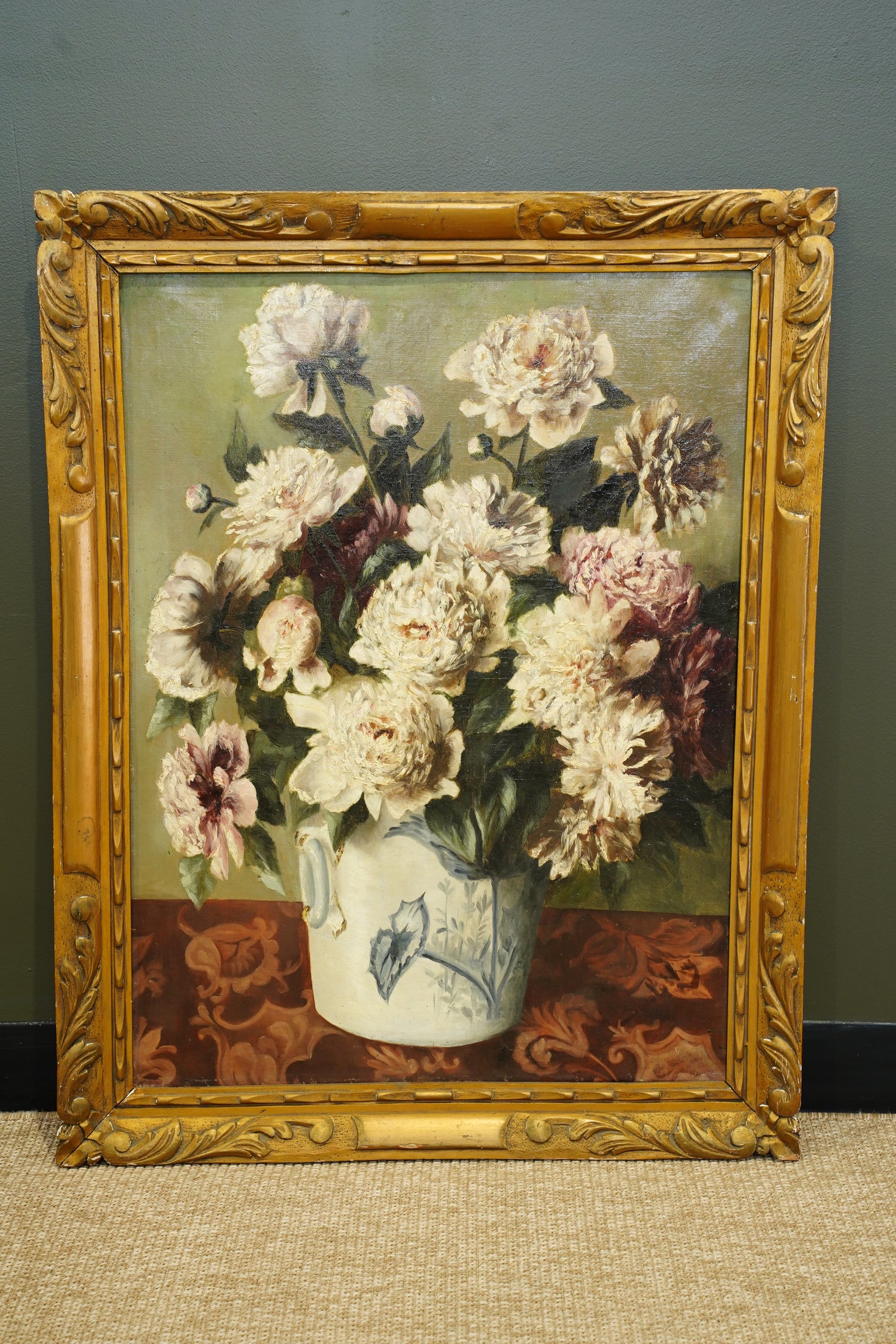 Antique European Peony Oil Painting, Circa 1900
