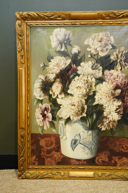 Antique European Peony Oil Painting, Circa 1900