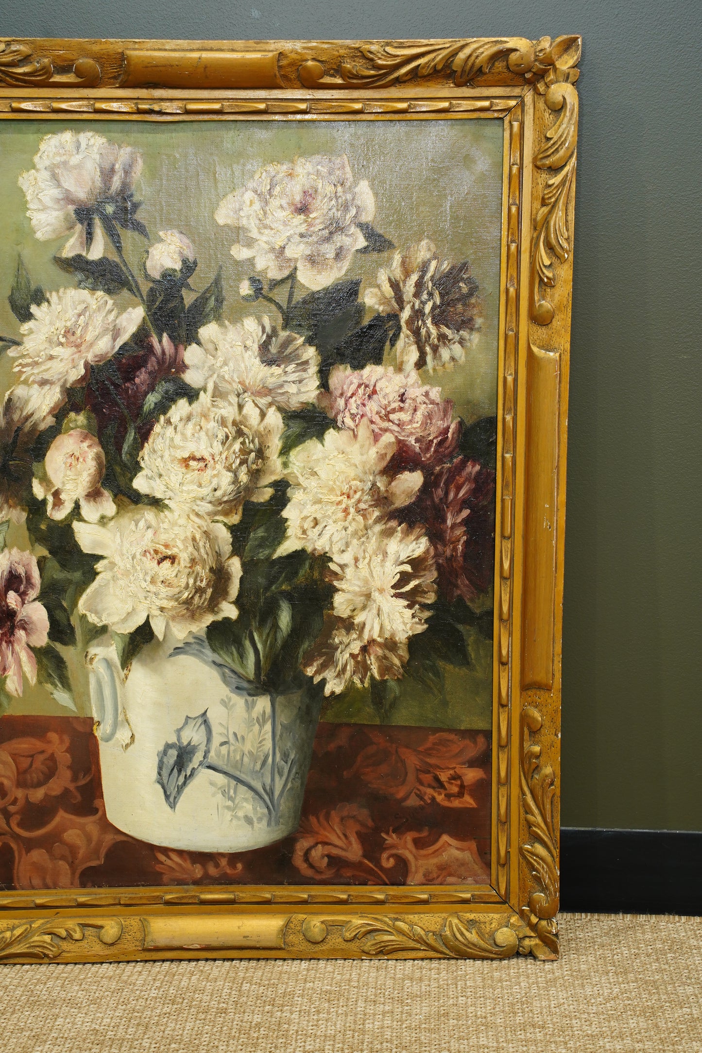 Antique European Peony Oil Painting, Circa 1900
