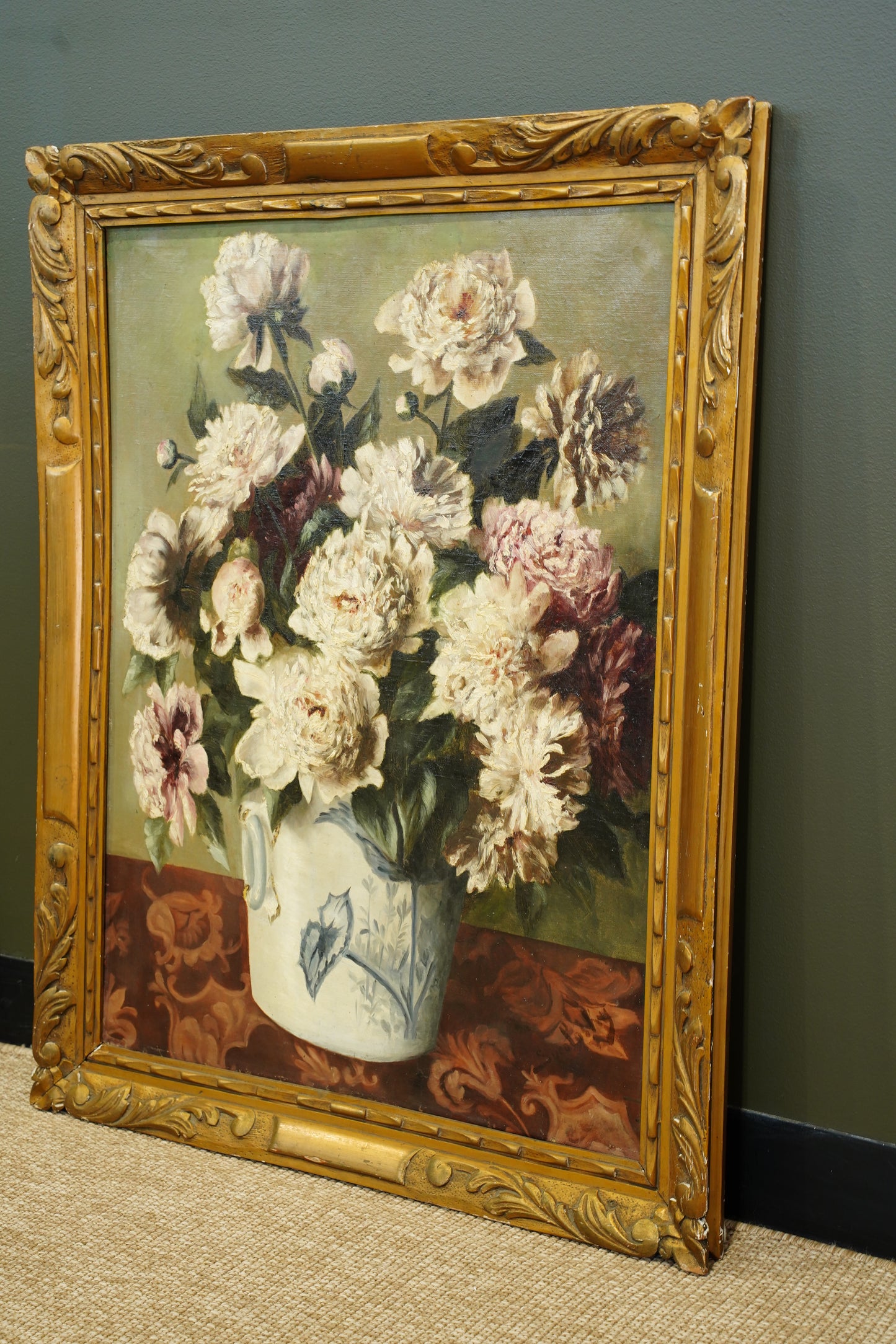 Antique European Peony Oil Painting, Circa 1900