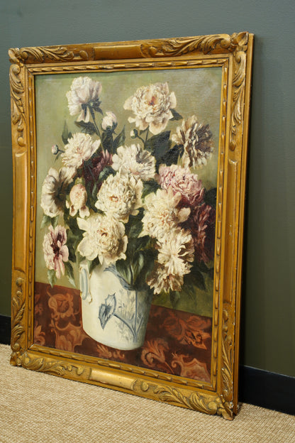Antique European Peony Oil Painting, Circa 1900