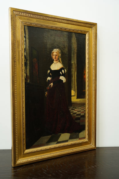 *RESERVED* Antique German Historical Costume Portrait Oil Painting Woman in Red, Circa 1870