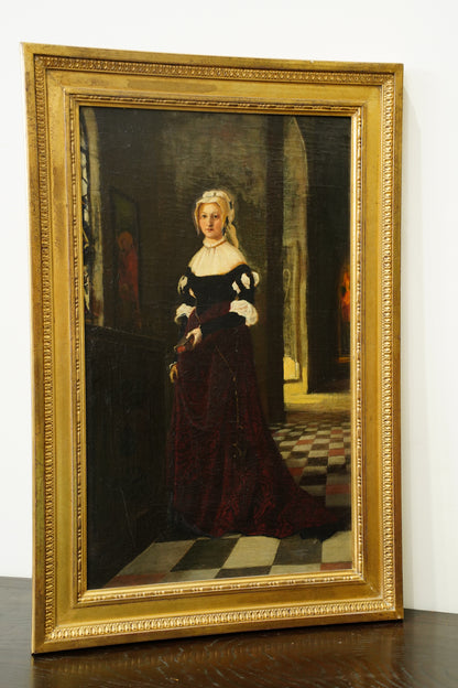 *RESERVED* Antique German Historical Costume Portrait Oil Painting Woman in Red, Circa 1870