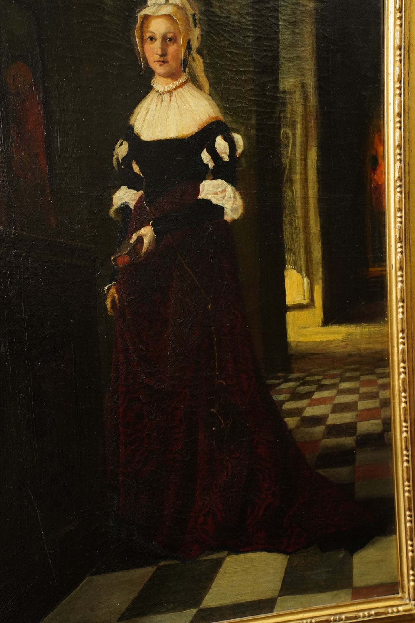 *RESERVED* Antique German Historical Costume Portrait Oil Painting Woman in Red, Circa 1870