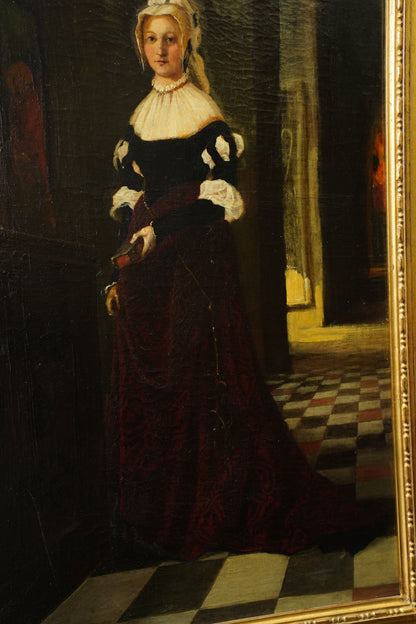 *RESERVED* Antique German Historical Costume Portrait Oil Painting Woman in Red, Circa 1870