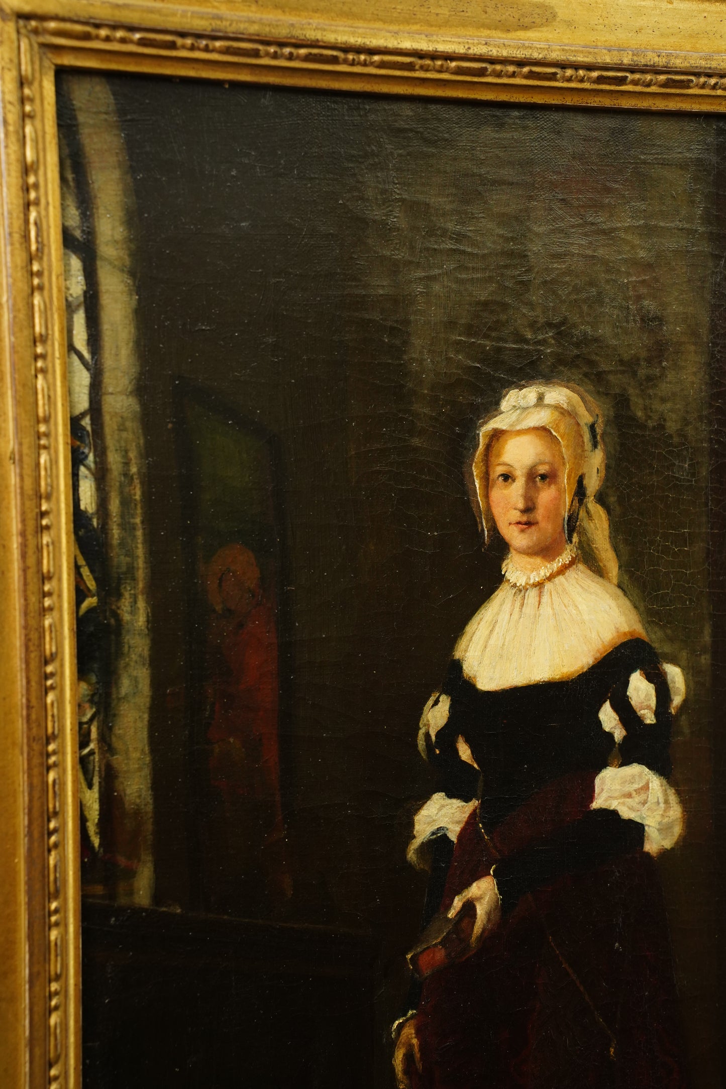 *RESERVED* Antique German Historical Costume Portrait Oil Painting Woman in Red, Circa 1870