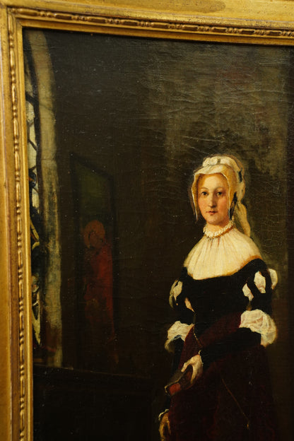 *RESERVED* Antique German Historical Costume Portrait Oil Painting Woman in Red, Circa 1870