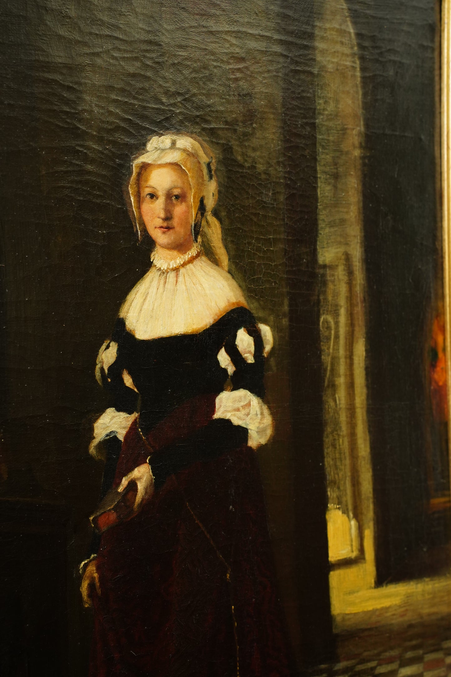 *RESERVED* Antique German Historical Costume Portrait Oil Painting Woman in Red, Circa 1870