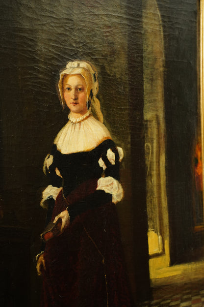 *RESERVED* Antique German Historical Costume Portrait Oil Painting Woman in Red, Circa 1870