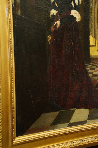 *RESERVED* Antique German Historical Costume Portrait Oil Painting Woman in Red, Circa 1870