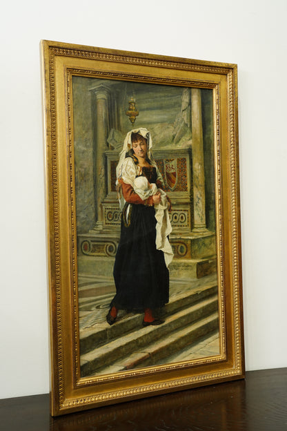 Antique Italian Oil Painting Woman and Baby in Church, Circa 1880
