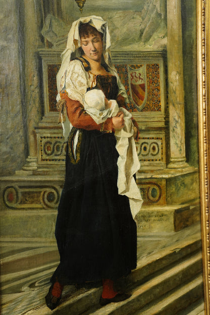Antique Italian Oil Painting Woman and Baby in Church, Circa 1880