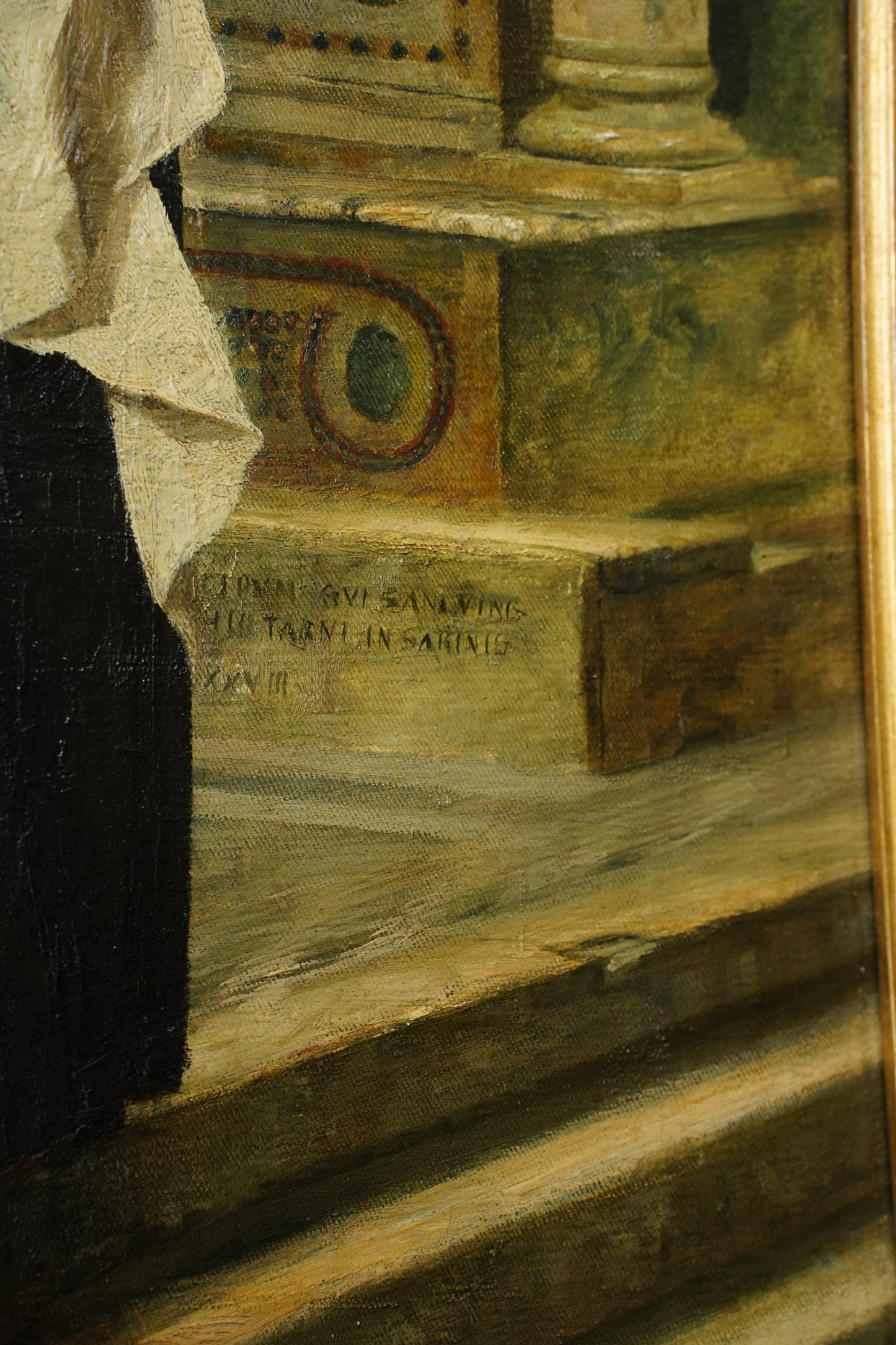 Antique Italian Oil Painting Woman and Baby in Church, Circa 1880
