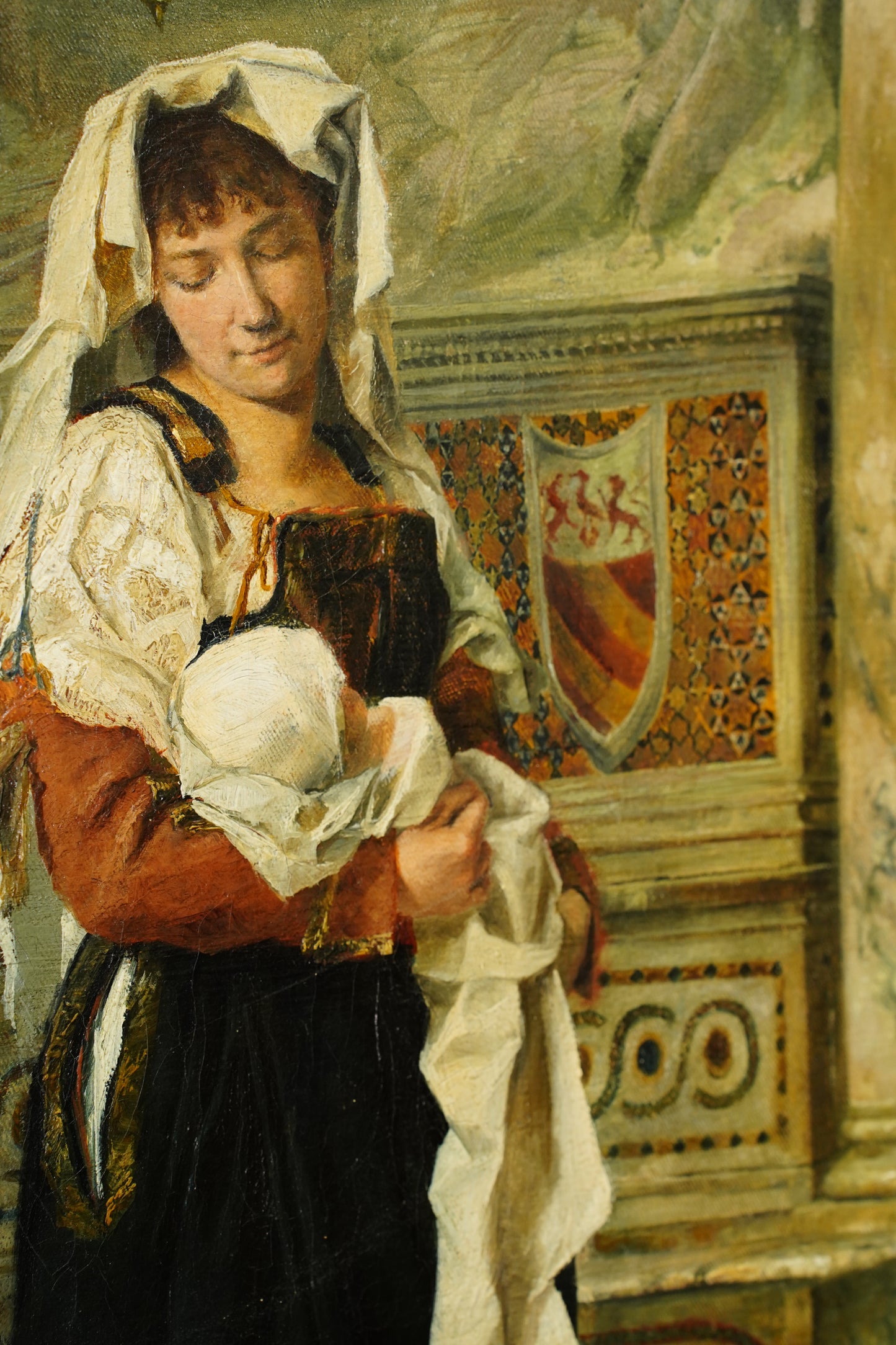 Antique Italian Oil Painting Woman and Baby in Church, Circa 1880
