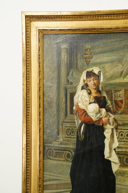 Antique Italian Oil Painting Woman and Baby in Church, Circa 1880