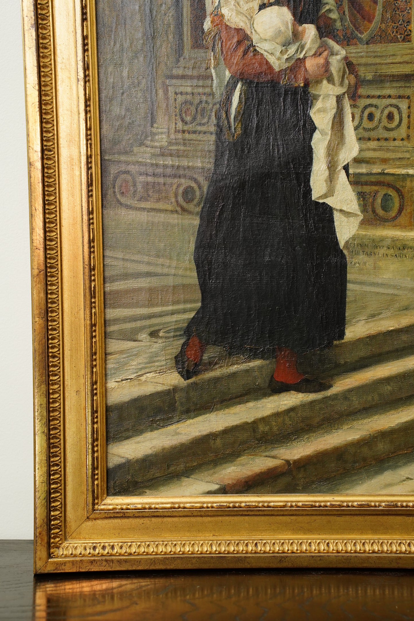 Antique Italian Oil Painting Woman and Baby in Church, Circa 1880