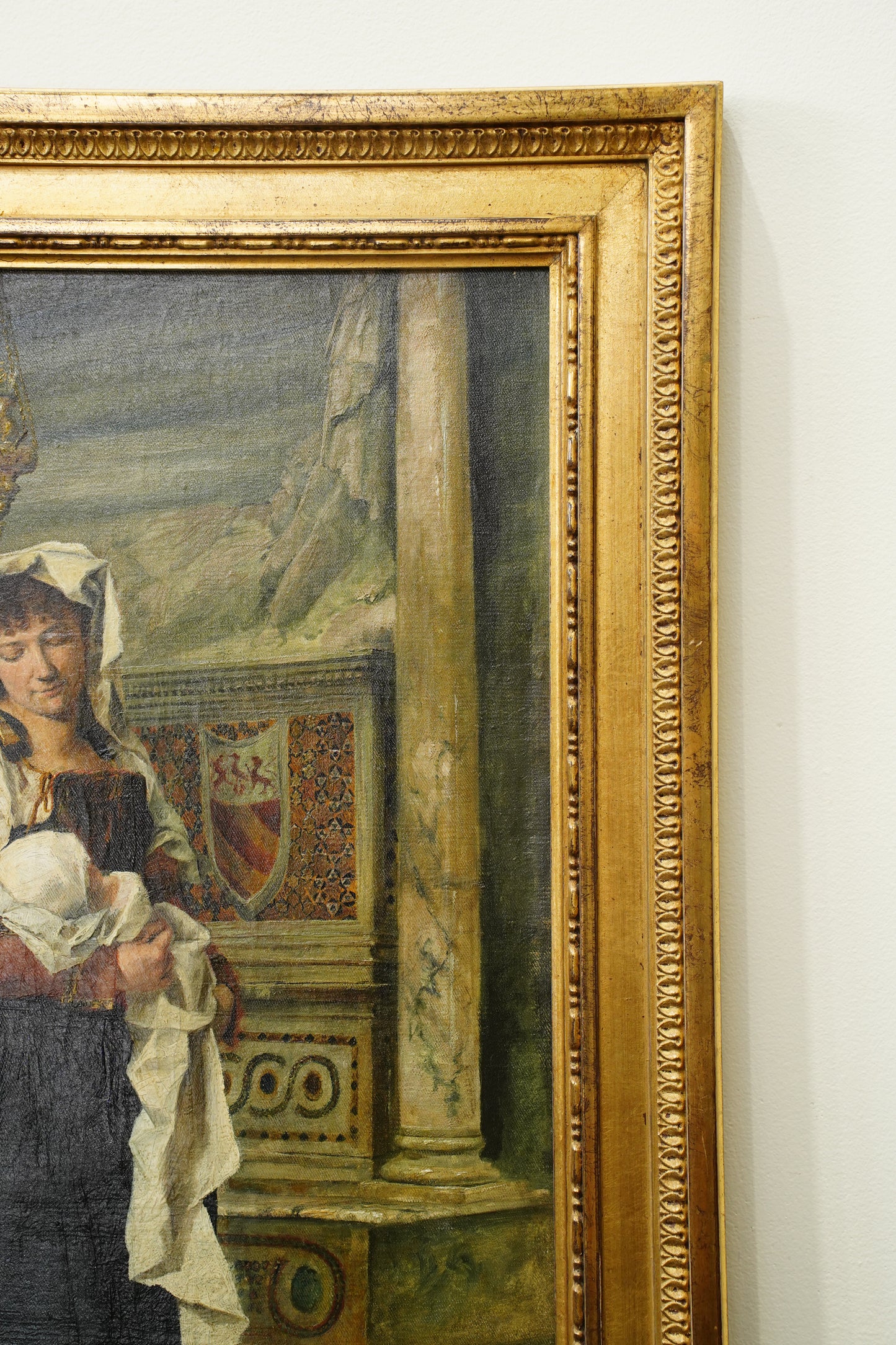 Antique Italian Oil Painting Woman and Baby in Church, Circa 1880