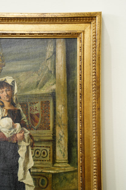 Antique Italian Oil Painting Woman and Baby in Church, Circa 1880