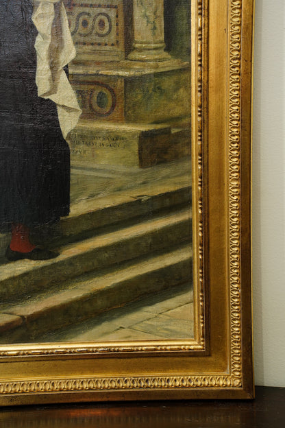 Antique Italian Oil Painting Woman and Baby in Church, Circa 1880