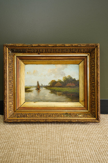 Antique Signed Dutch River Landscape Oil Painting, Circa 1890