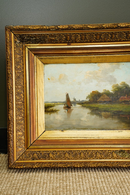 Antique Signed Dutch River Landscape Oil Painting, Circa 1890