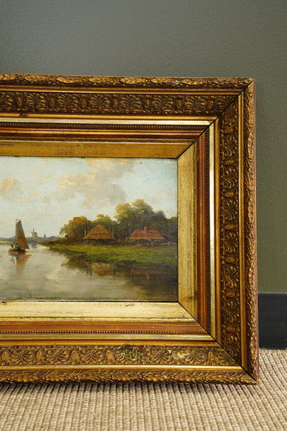 Antique Signed Dutch River Landscape Oil Painting, Circa 1890