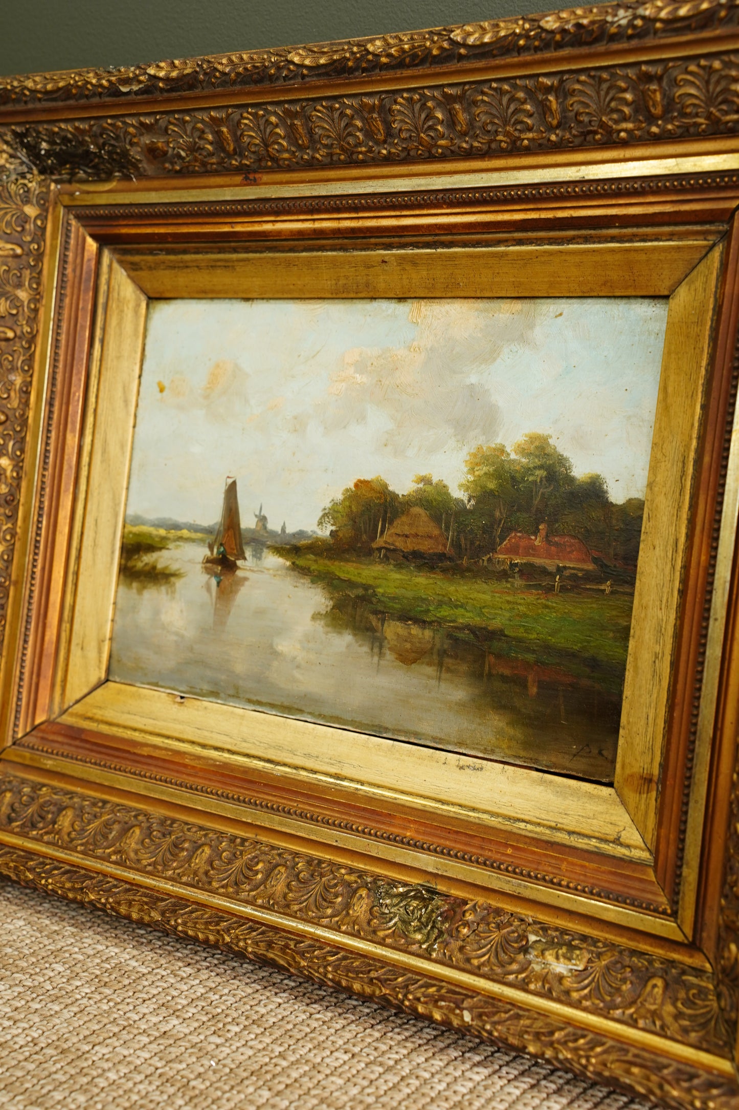Antique Signed Dutch River Landscape Oil Painting, Circa 1890