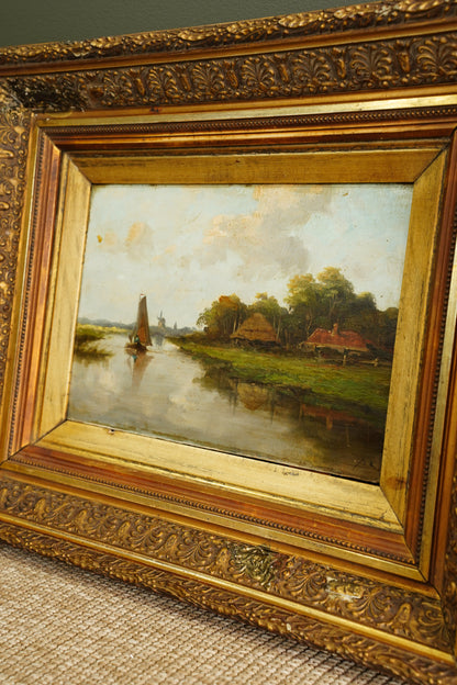 Antique Signed Dutch River Landscape Oil Painting, Circa 1890