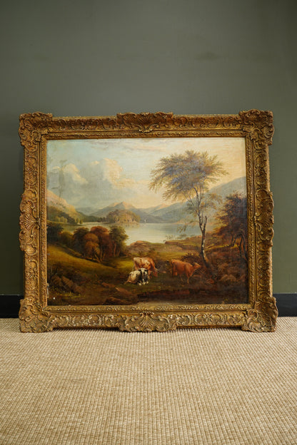 Antique British Cow Oil Painting Lake Landscape, Circa 1875