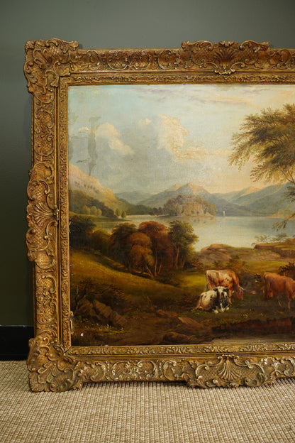 Antique British Cow Oil Painting Lake Landscape, Circa 1875