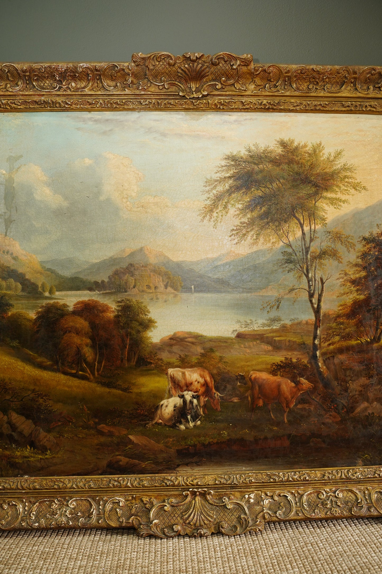 Antique British Cow Oil Painting Lake Landscape, Circa 1875