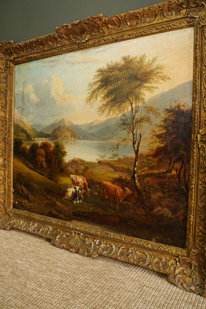 Antique British Cow Oil Painting Lake Landscape, Circa 1875