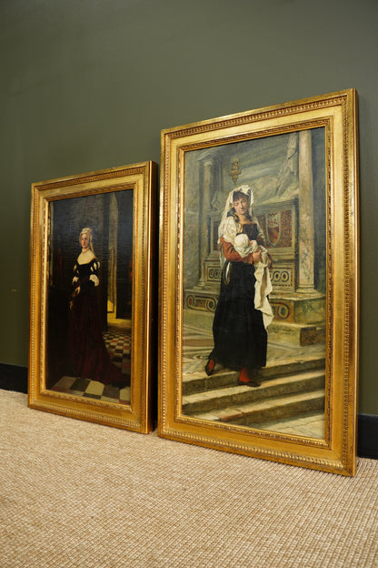 Antique Italian Oil Painting Woman and Baby in Church, Circa 1880