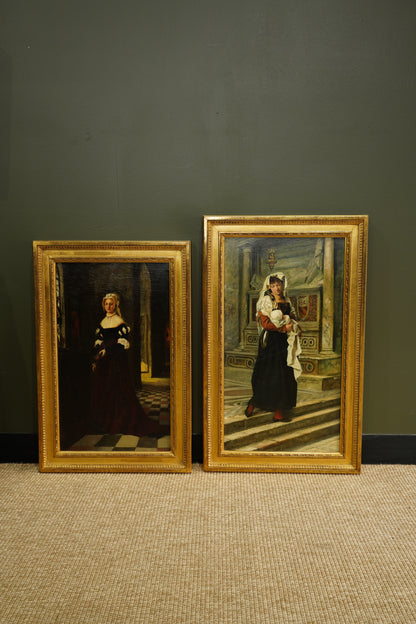*RESERVED* Antique German Historical Costume Portrait Oil Painting Woman in Red, Circa 1870
