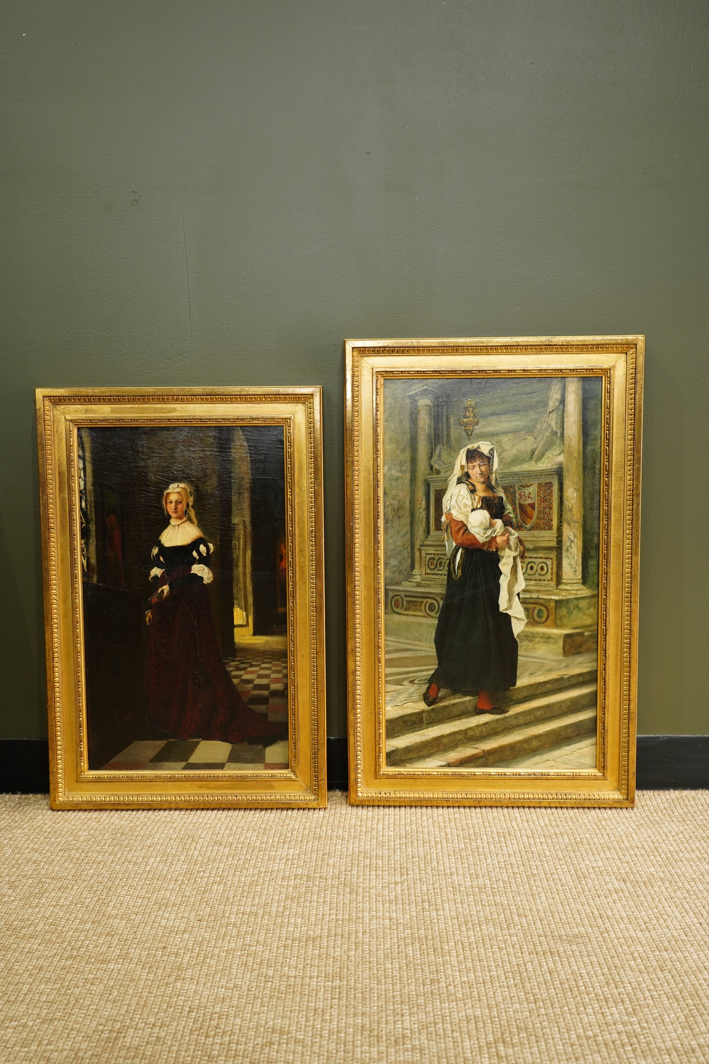 Antique Italian Oil Painting Woman and Baby in Church, Circa 1880